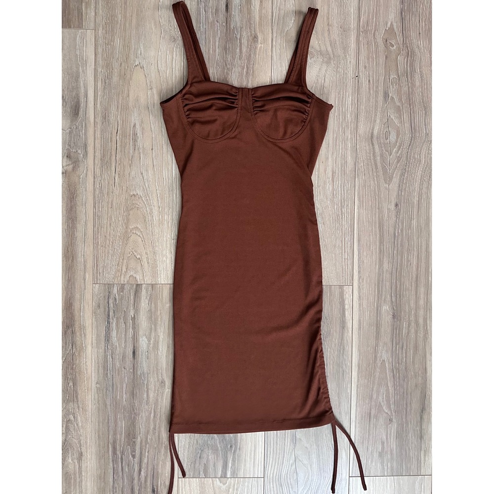 J.O.A. Brown Ribbed Bustier Bodycon Mini Dress SM Going Out Earthy Minimalist